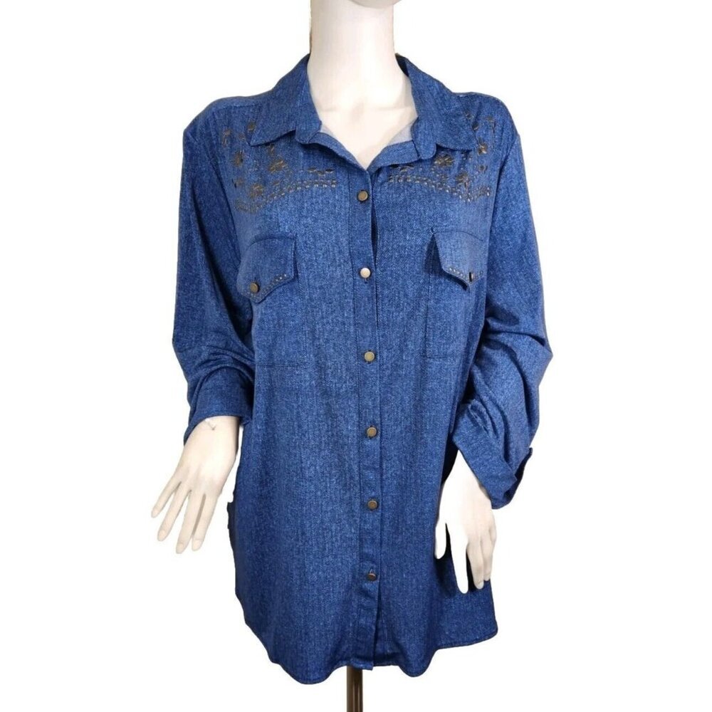 Slim Factor Womens Size 2 X Top Button Up Blouse Stretch,Roll Tab Plus Blue -23
